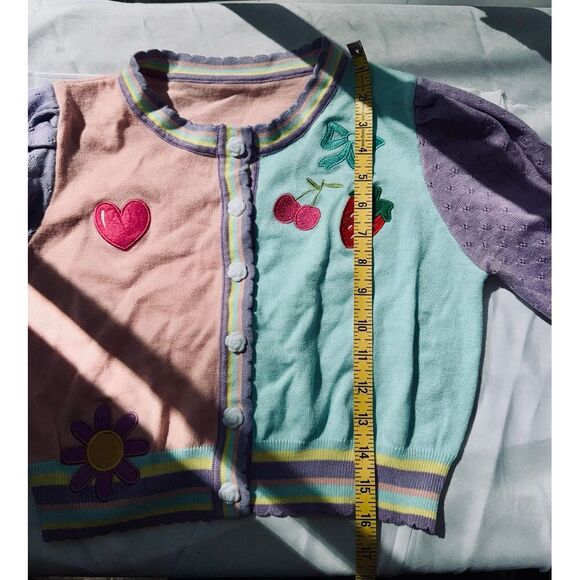 Girls cardigan sweater, green, pink and purple with embroidered fruit and heart - Picture 6 of 6